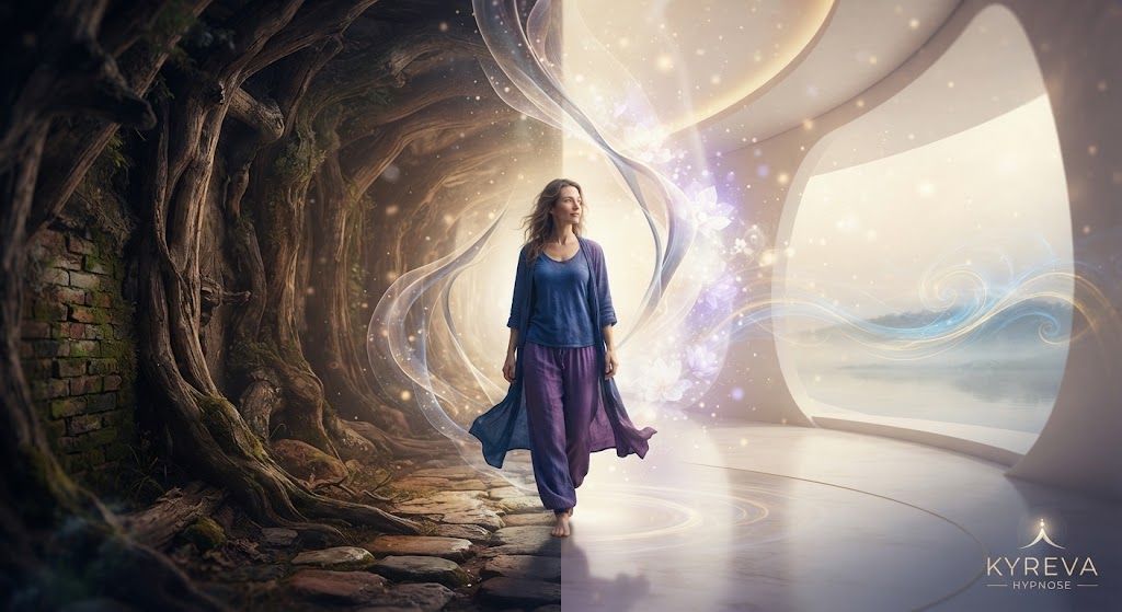 Femme avançant de l’ombre vers la lumière, symbole d’une transition de vie