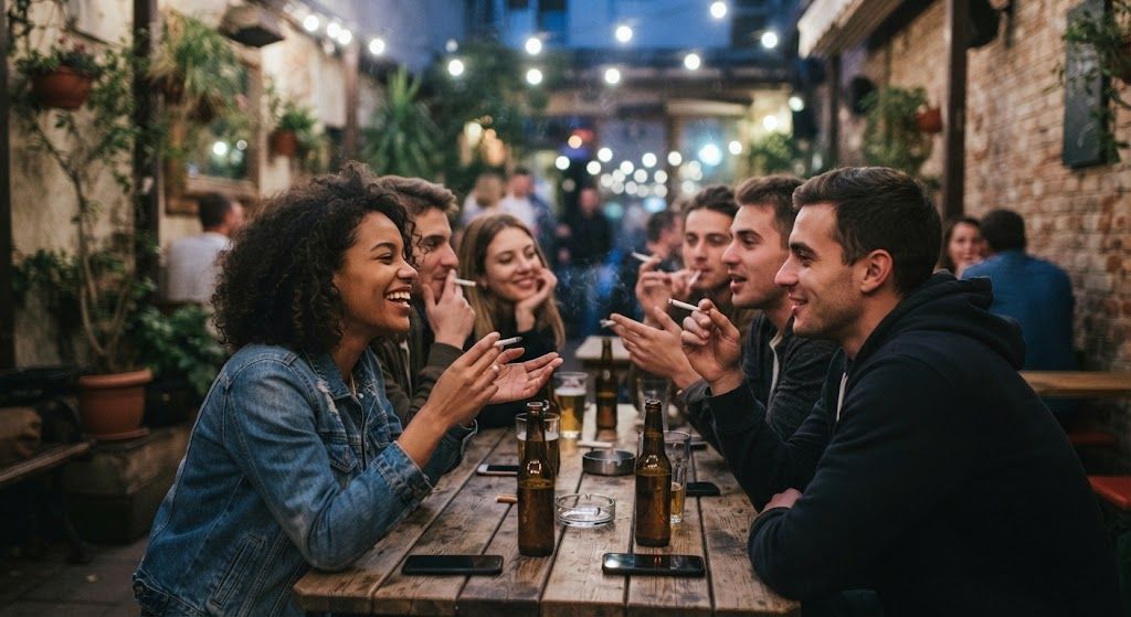 Groupe d’amis lors d’un moment convivial associé à la cigarette