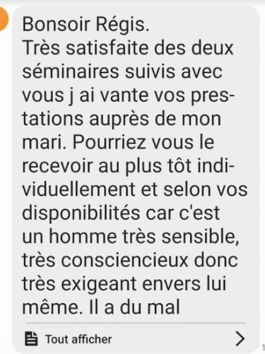 Témoignage d’une participante satisfaite de deux séminaires et souhaitant un accompagnement pour son mari