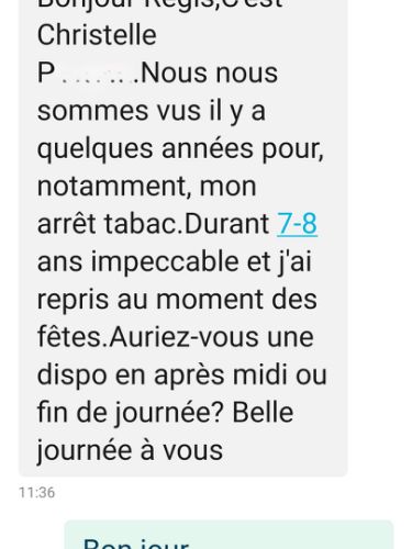 Témoignage d’une cliente : sept à huit ans sans tabac, puis reprise et demande de rendez-vous