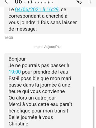 Témoignage d’une cliente rapportant un bénéfice sur son transit et souhaitant récupérer de l’eau