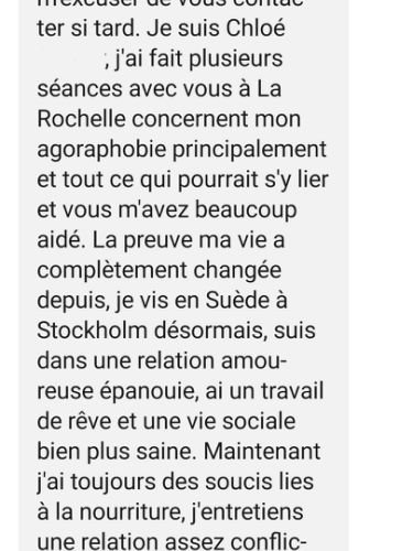 Témoignage d’une cliente : progrès face à l’agoraphobie et difficultés alimentaires encore présentes