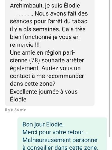 Témoignage d’une cliente : arrêt du tabac depuis plusieurs années et demande de recommandation pour une proche