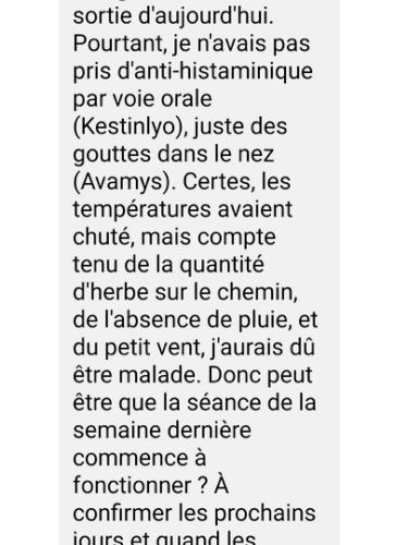 Témoignage d’une cliente : amélioration rapportée de symptômes allergiques, à confirmer dans la durée