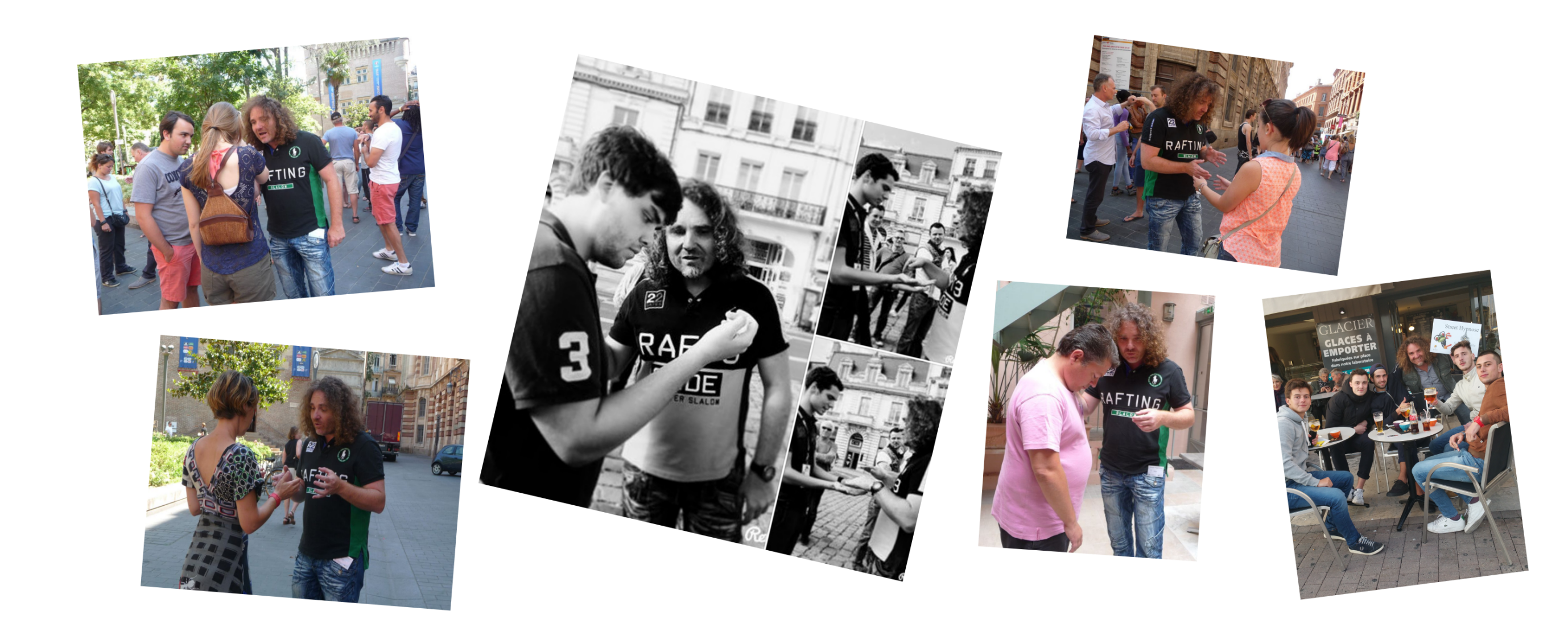 Montage photo de séances d’hypnose de rue ludique avec Régis Archimbaud